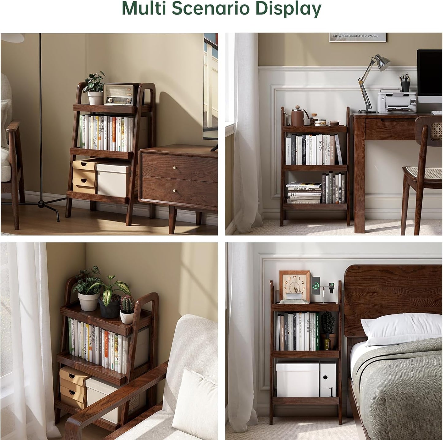 100% Solid Oak 3 Tier Ladder Shelf, Small Bookshelf, Ladder Bookshelf, Bookcase with Stable Frame, Small Table for Living Room Bedroom(Walnut, 12.6" L X 17.72" W X 31.5" H)