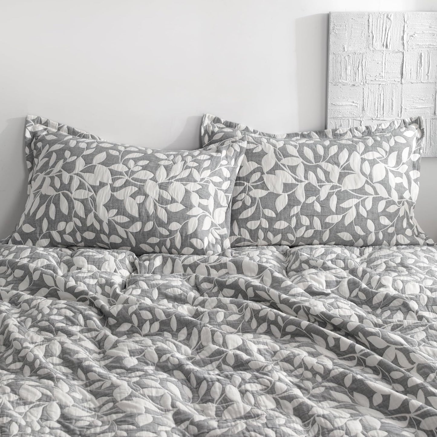 Cotton King Pillow Shams, 3 Layer Muslin Breathable Soft Thermal Yarn Dyed Sham Covers, 2 Pack 20X36 Oxford Pillowcases with Envelope Closure, Grey Leaf