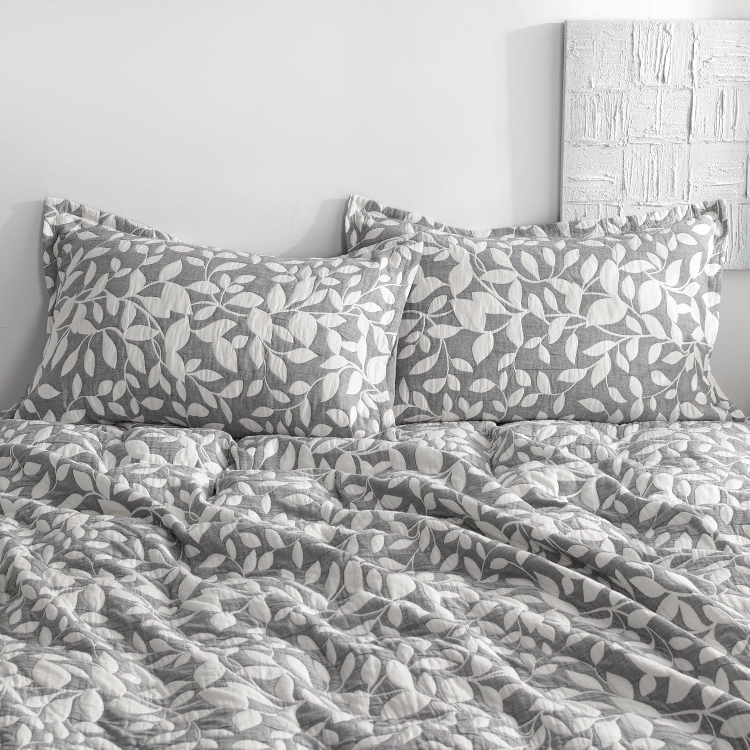 Cotton King Pillow Shams, 3 Layer Muslin Breathable Soft Thermal Yarn Dyed Sham Covers, 2 Pack 20X36 Oxford Pillowcases with Envelope Closure, Grey Leaf