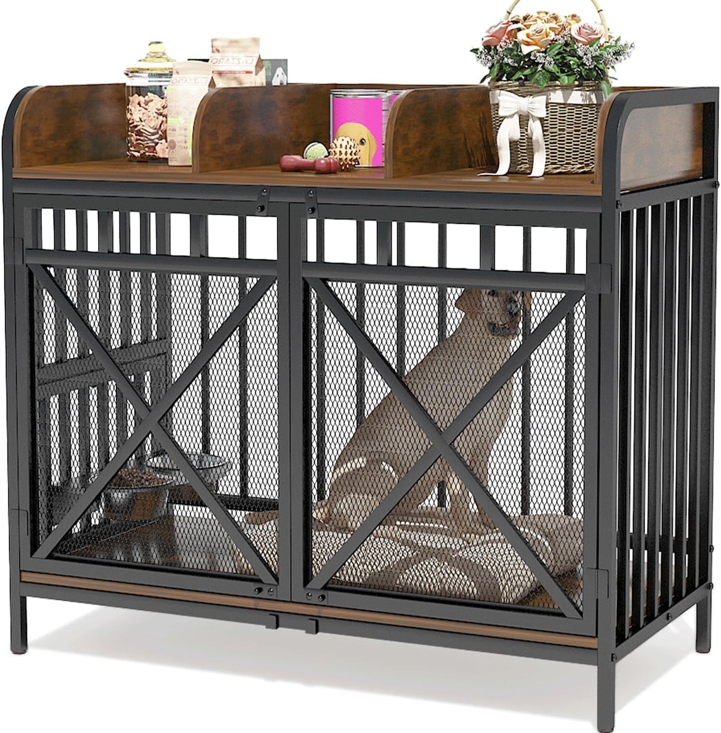 48" Large Dog Crate Furniture – XL Wooden Kennel with 360° Swivel Base & Chew-Proof Mesh, Convertible End Table Design – Extra Large Dog Crate for Medium & Large Dogs (Brown)