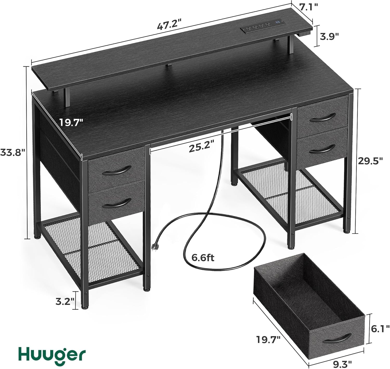 47 Inch Computer Desk with 4 Drawers, Gaming Desk with LED Lights & Power Outlets, Home Office Desk with Large Storage Space for Bedroom, Work from Home, Black