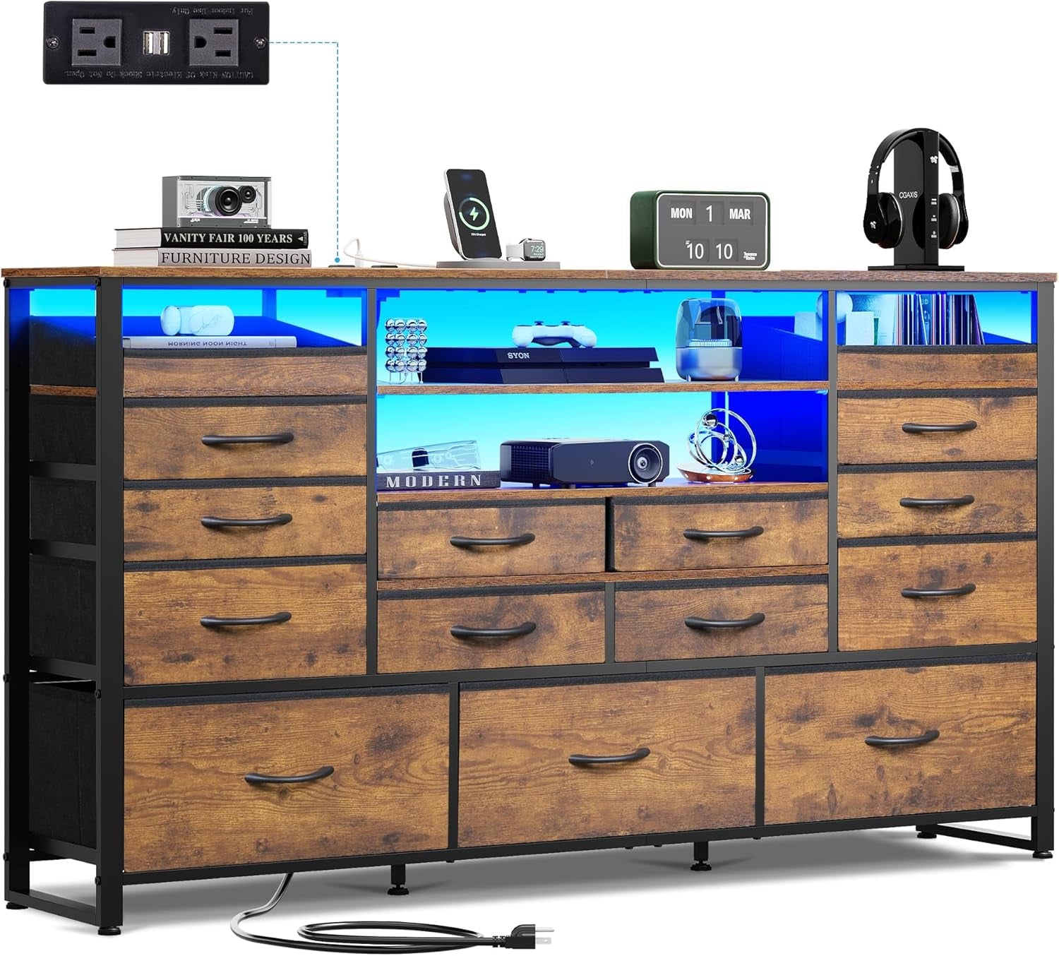 TV Stand for 55, 60, 65 Inch TV, Entertainment Center with LED Lights & Charging Station, TV Media Console Table with 15 Fabric Drawers and Open Shelves for Living Room, Hallway, Rustic Brown