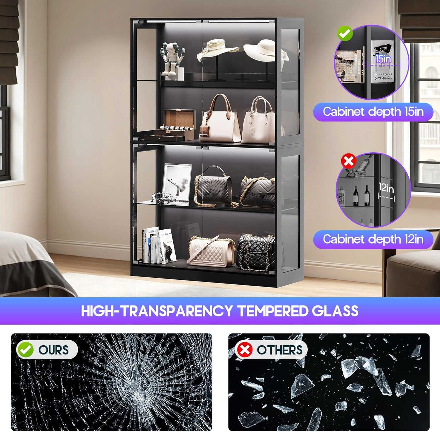 RGB Display Cabinet with Adjustable Glass Shelves, 4-Tier Storage Case with LED Lights & Press-To-Open Doors, Modern Display Shelf for Collectibles, Black 70" H×45" L×16" D