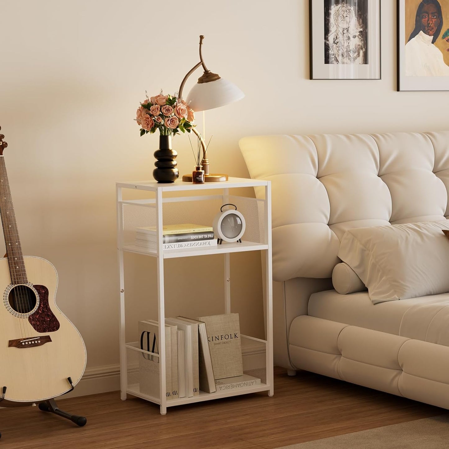 3 Tier End Table,Record Player Stand with Storage up to 100 Albums,Turntable Stand for Vinyl,White Records Shelf for Living Room Bedroom