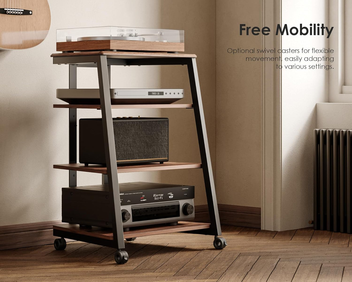 Design 4-Tier AV Media Stand Corner Shelf for Record Player Wooden Stereo Cabinet Audio Rack Tower with Height Adjustable Wooden Shelves for Ps4 (Walnut)
