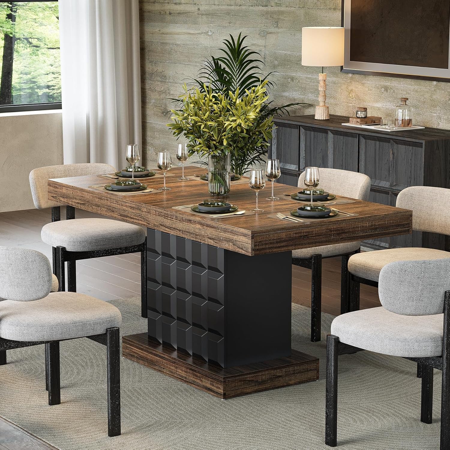 63" Modern Dining Table, Rectangular Dinner Table for 4-6, Farmhouse Kitchen Table, Sturdy Wood Pedestal Base for Kitchen/Dining Room, Rustic Brown & Black