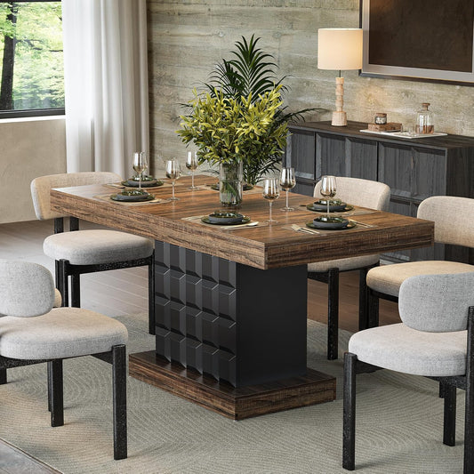 63" Modern Dining Table, Rectangular Dinner Table for 4-6, Farmhouse Kitchen Table, Sturdy Wood Pedestal Base for Kitchen/Dining Room, Rustic Brown & Black