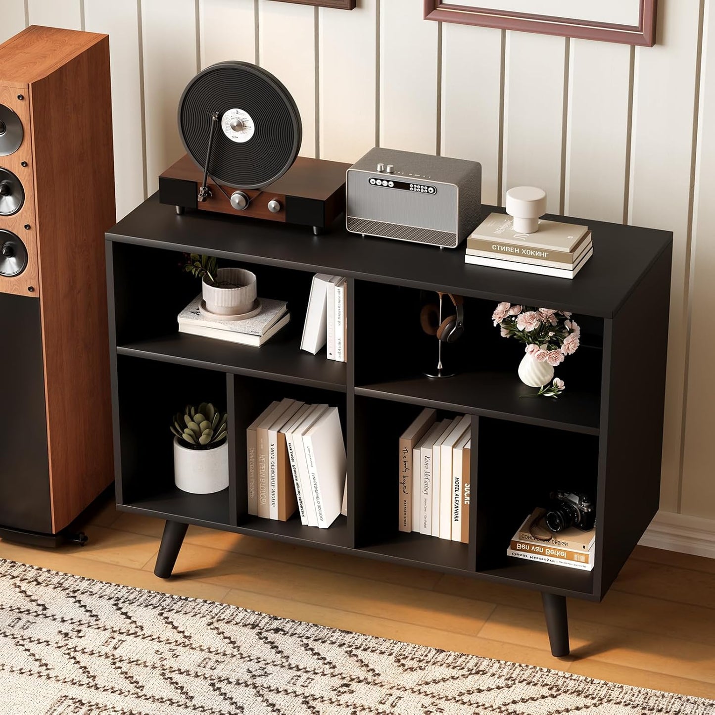 Record Player Stand with Vinyl Storage, 39.5In Large Vinyl Record Holder Player Cabinet Wood Turntable Stand up to 350 Albums with Charging Station for Living Room, Black