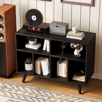 Record Player Stand with Vinyl Storage, 39.5In Large Vinyl Record Holder Player Cabinet Wood Turntable Stand up to 350 Albums with Charging Station for Living Room, Black