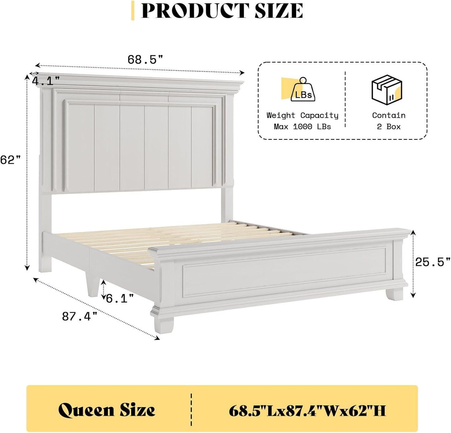Queen Size Solid Wood Bed Frame, Farmhouse Platform Bed with Headboard and Footboard, Rustic Bed Base with 12 Wood Slats Support, No Box Spring Needed, Distressed White