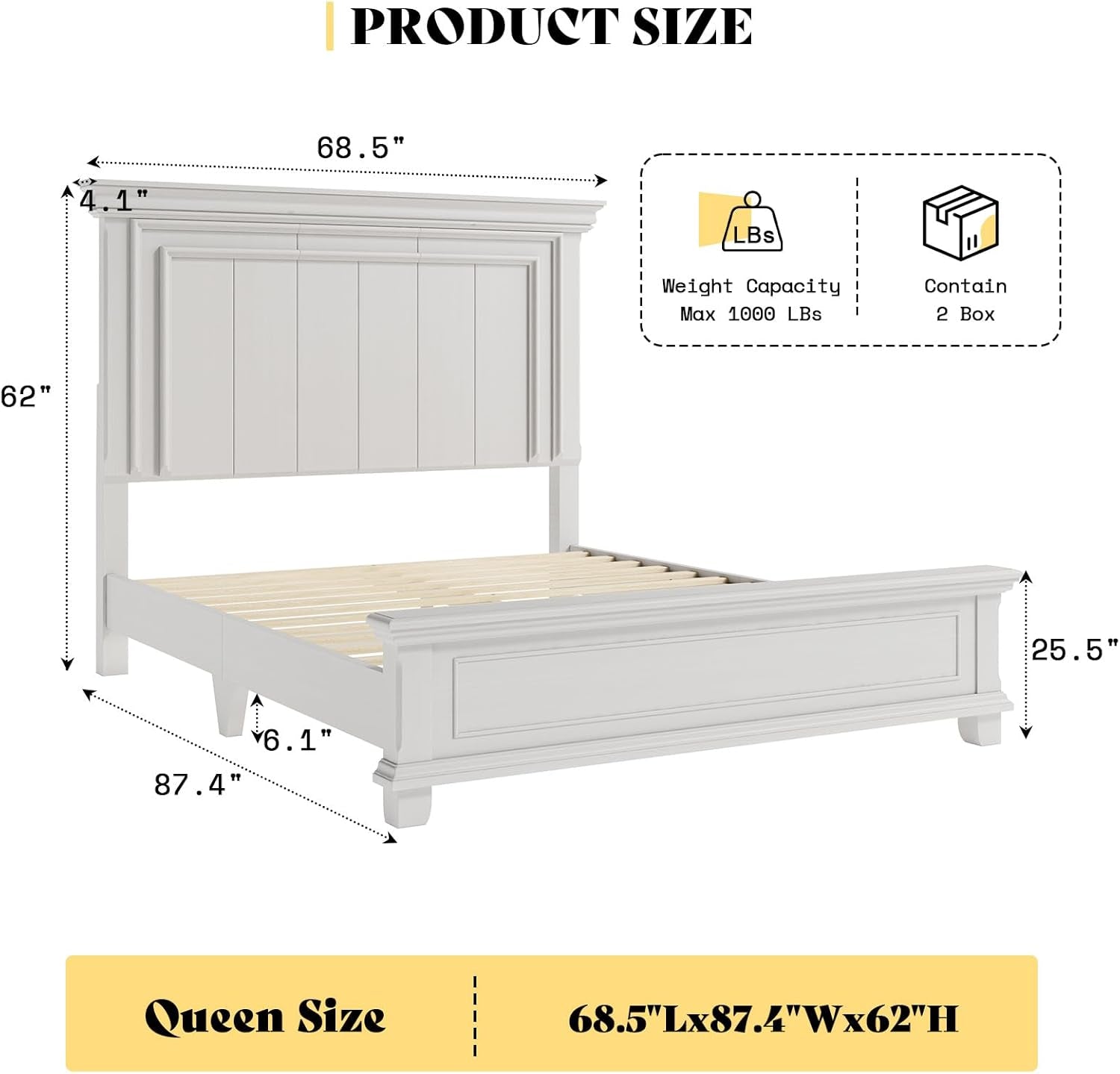 Queen Size Solid Wood Bed Frame, Farmhouse Platform Bed with Headboard and Footboard, Rustic Bed Base with 12 Wood Slats Support, No Box Spring Needed, Distressed White