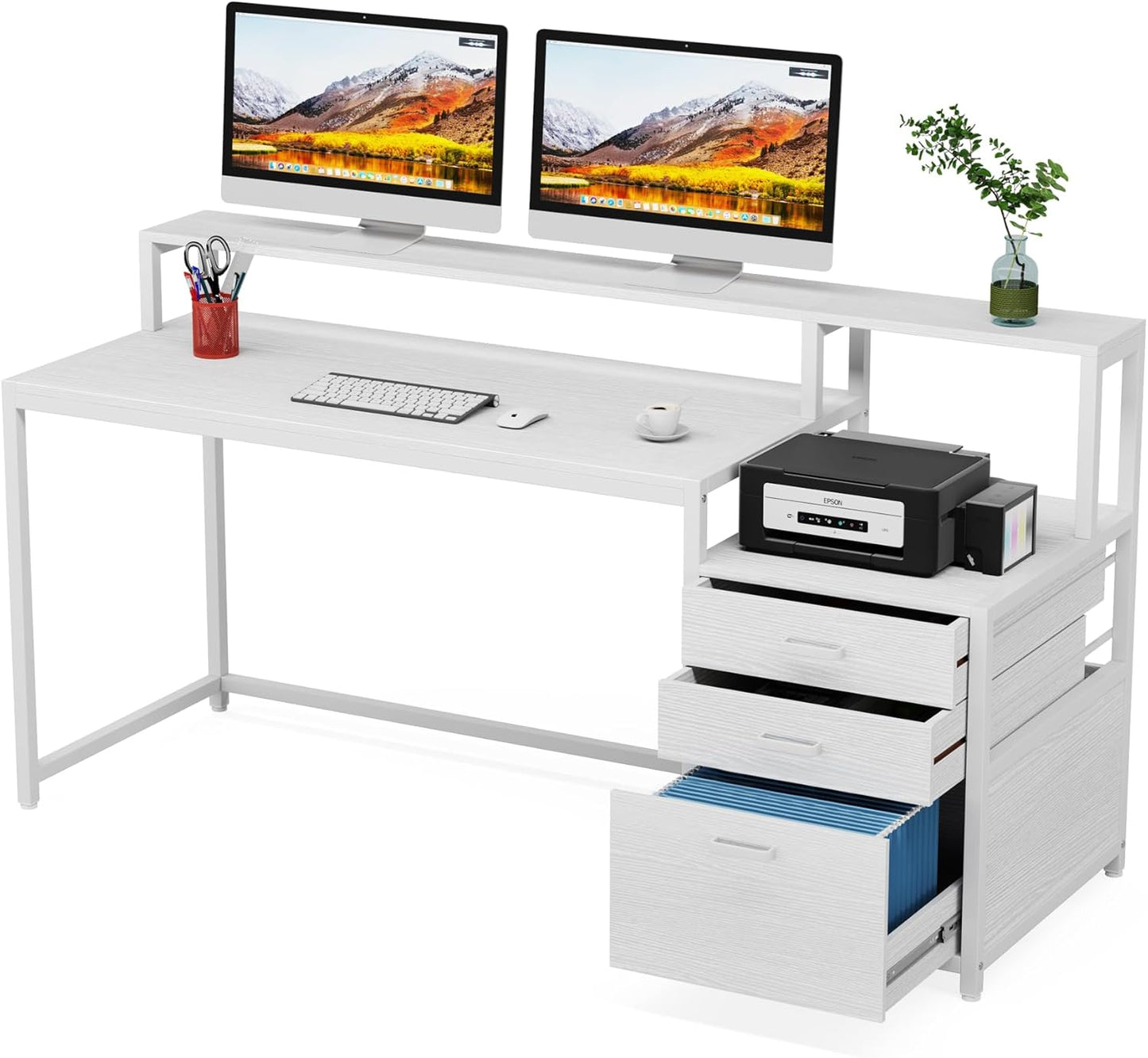 63 Inch Computer Desk with File Drawer Cabinet, Ergonomic Office Desk with Monitor Stand, Computer Table with Printer Space, Wood PC Table Workstation Desk for Home Office, White