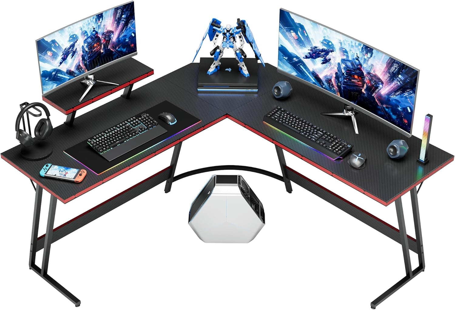 L Shaped Gaming Desk Computer Corner Desk PC Gaming Desk Table with Large Monitor Riser Stand for Home Office Sturdy Writing Workstation (Black, 51 Inch)