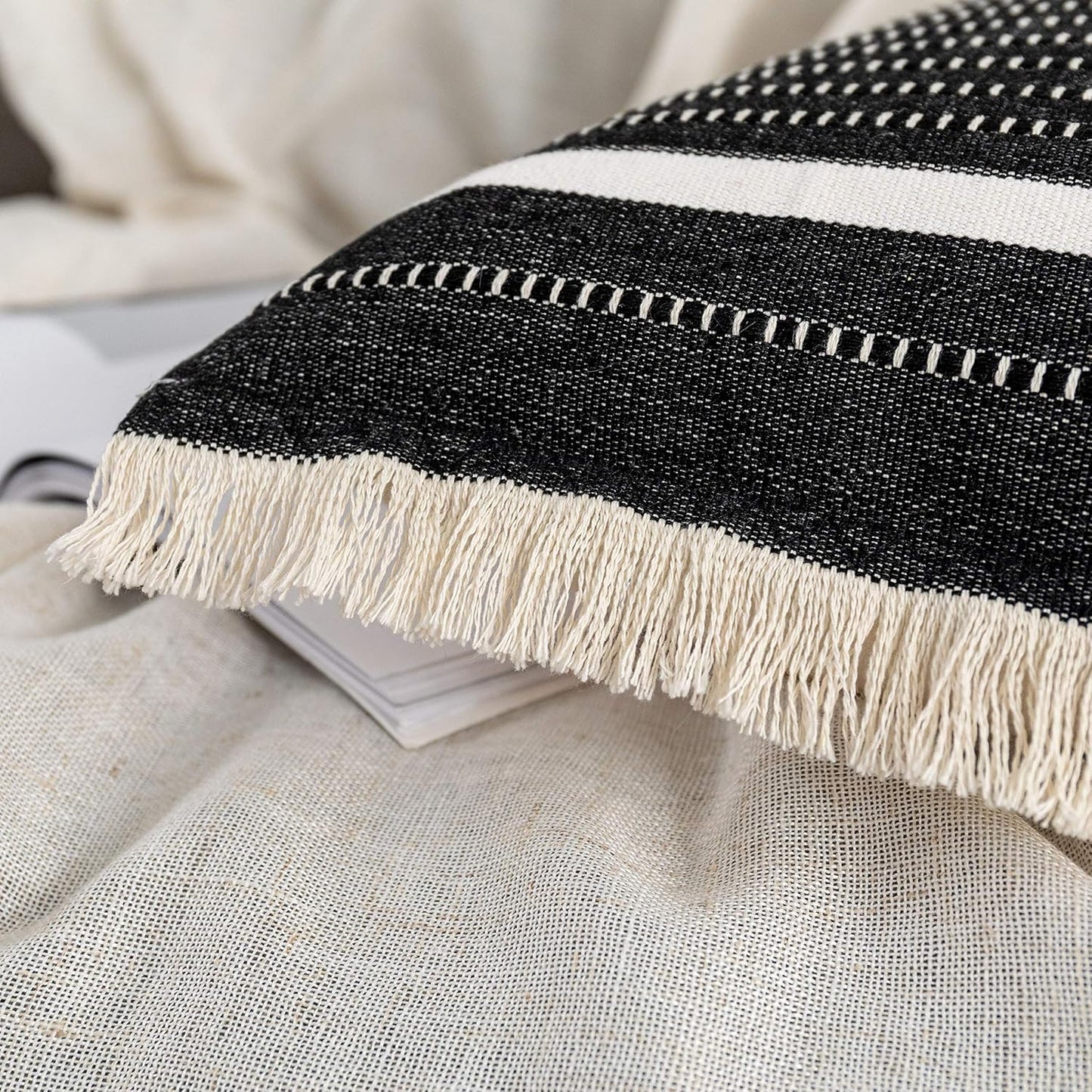 Modern Throw Pillow Cover with Tassels, Decorative Liana Fringe Accent Cushion Case, Farmhouse Woven Pillowcase for Sofa Chair Couch Bed Decor (Lumbar 12 X 20 Inches, Black)