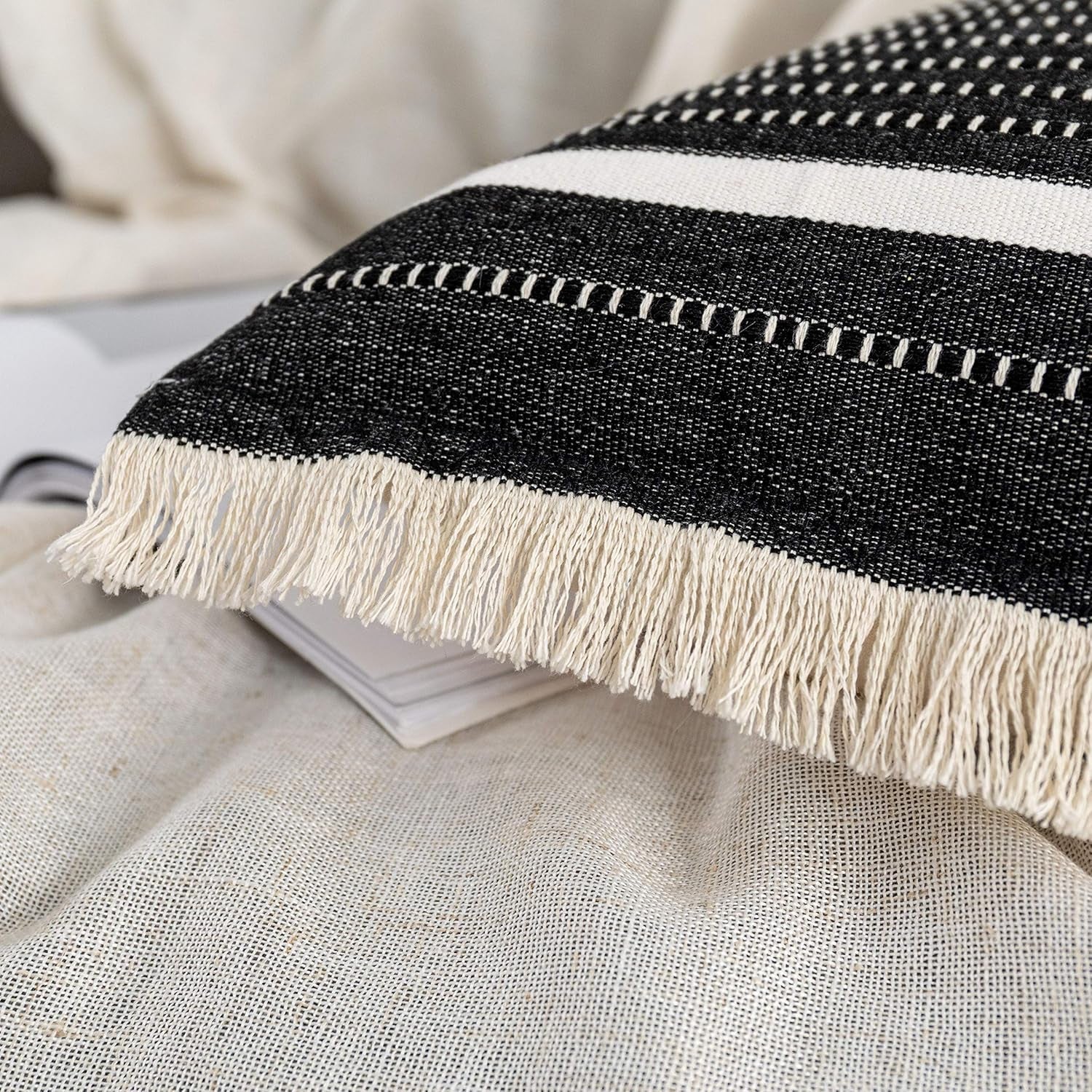 Modern Throw Pillow Cover with Tassels, Decorative Liana Fringe Accent Cushion Case, Farmhouse Woven Pillowcase for Sofa Chair Couch Bed Decor (Lumbar 12 X 20 Inches, Black)