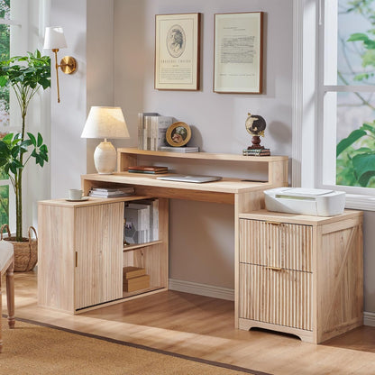 67" Modern L Shaped Desk with Storage Cabinet & Drawers, Wood Home Office Desk with Power Outlets, Fluted Computer Writing Desk, Natural Oak