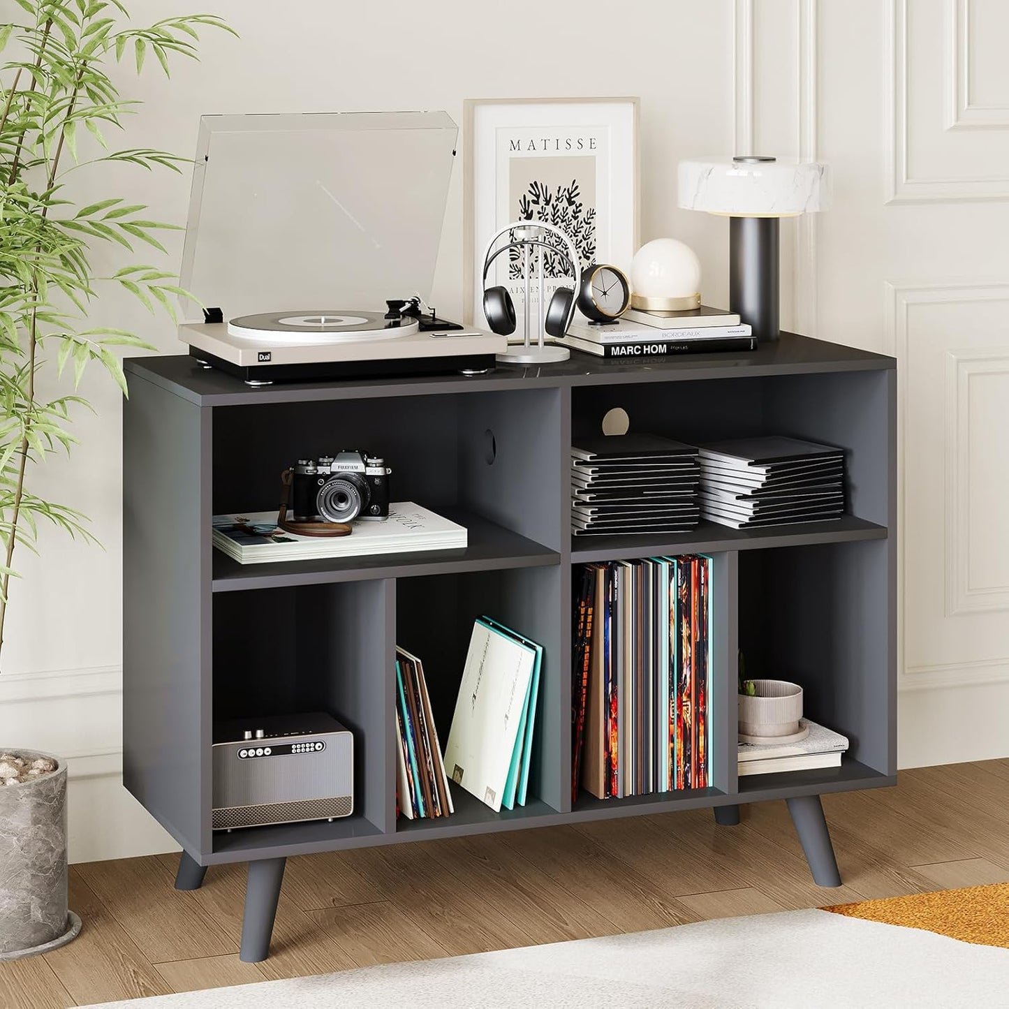 Record Player Stand with Vinyl Storage, 39.5In Large Vinyl Record Holder Player Cabinet Wood Turntable Stand up to 350 Albums with Charging Station for Living Room, Black