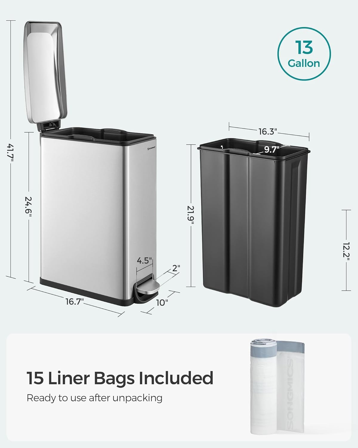 Slim Trash Can, 13-Gallon (50 L) Garbage Can for Narrow Spaces with Soft-Close Lid, Inner Bucket, and Step-On Pedal, Stainless Steel, 15 Trash Bags Included, Silver ULTB510E48