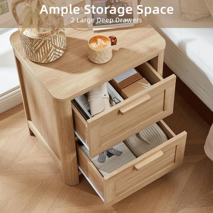 Farmhouse Nightstand with Charging Station, End Tables Bedroom with 2 Large Drawers & 4 Thickened Table Legs, Natural Wood