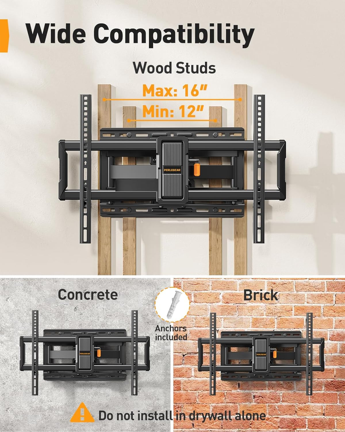 Ul-Listed Full Motion TV Wall Mount for 40–86 Inch Flat Curved Tvs up to 132 Lbs, 12″/16″ Wood Studs, TV Mount Bracket with Tool-Free Tilt, Swivel, Extension, Max VESA 600 X 400Mm, PGLF15