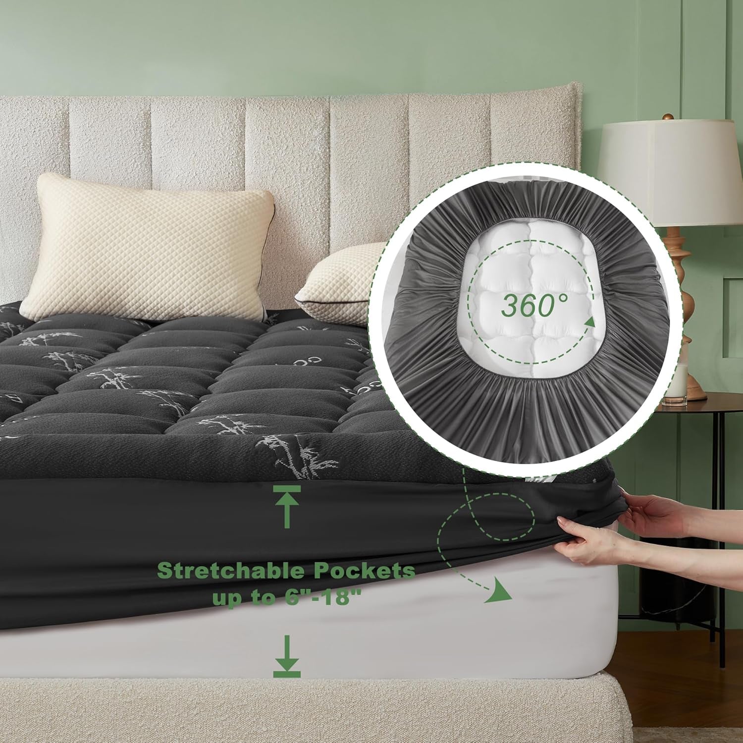 Queen Mattress Topper Viscose Derived from Bamboo, Thick Pillow Top Mattress Pad with Stretchable Pockets for 6-18 Inches Mattress, Soft Mattress Topper for Back Pain Relief(Dark Gray)