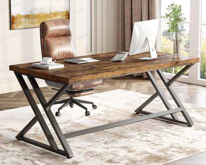 Rustic Computer Desk, Metal Wood Home Office Desk, Industrial Simple Study Executive Desk for Writing Work, Wooden Student Gaming Computer PC Table with Storage for Bedroom, 55 Inch, Rustic Brown