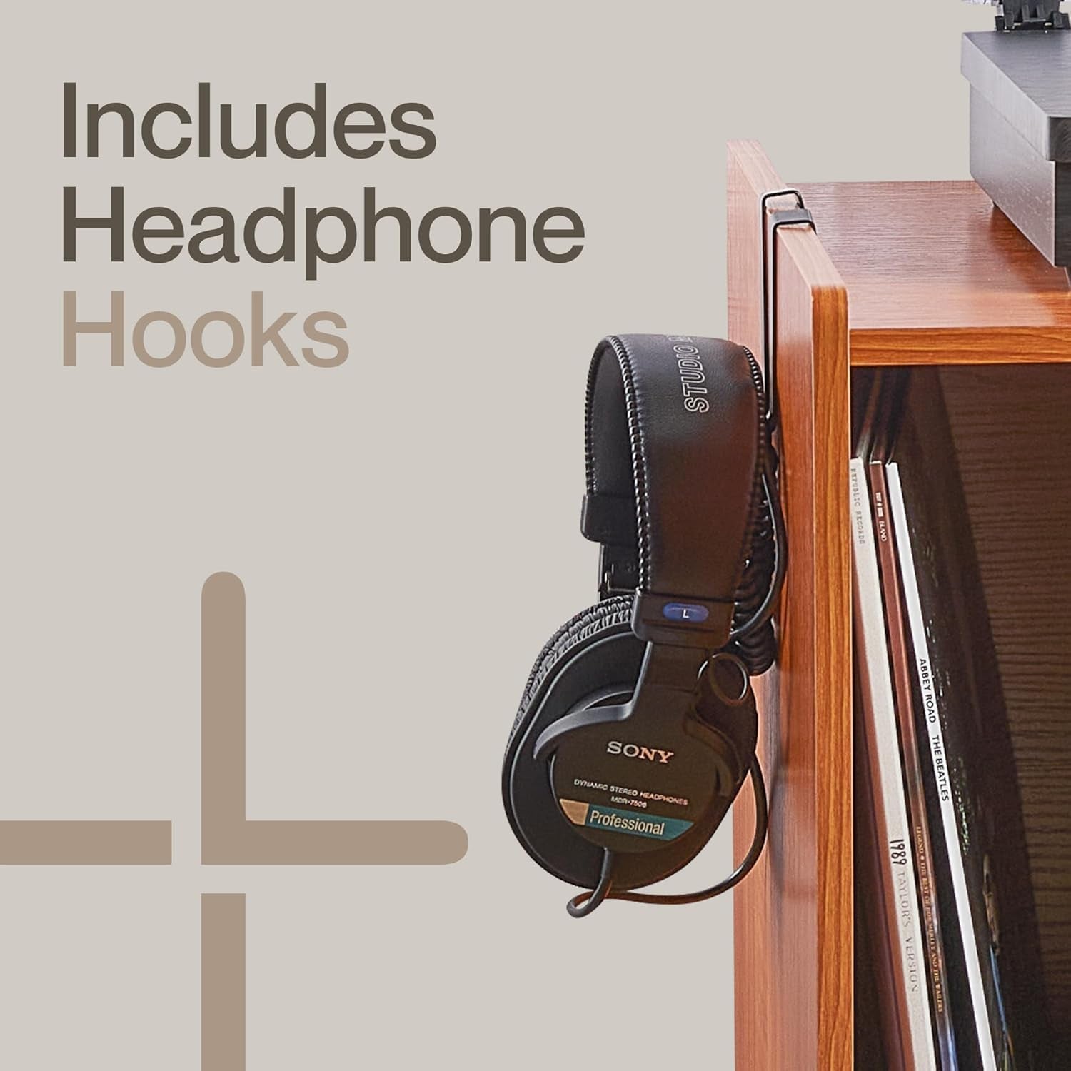 Record Player Stand with Vinyl Storage – Turntable Table with Shelves and Backboard – Walnut Wood Frame Vinyl Record Storage with Headphone Hook – Compact Audio Stand with Stabilizers