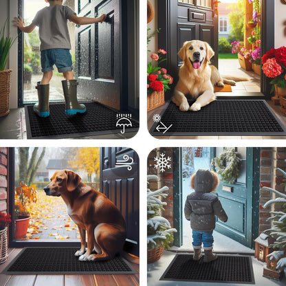Front Door Mat outside Entrance, Heavy Duty Natural Rubber Doormat, Non Slip, Trap Dirt and Moisture, Easy Clean, Low Profile Welcome Floor Mats for Indoor Outdoor Entry, 29.5X17 Inch, Black