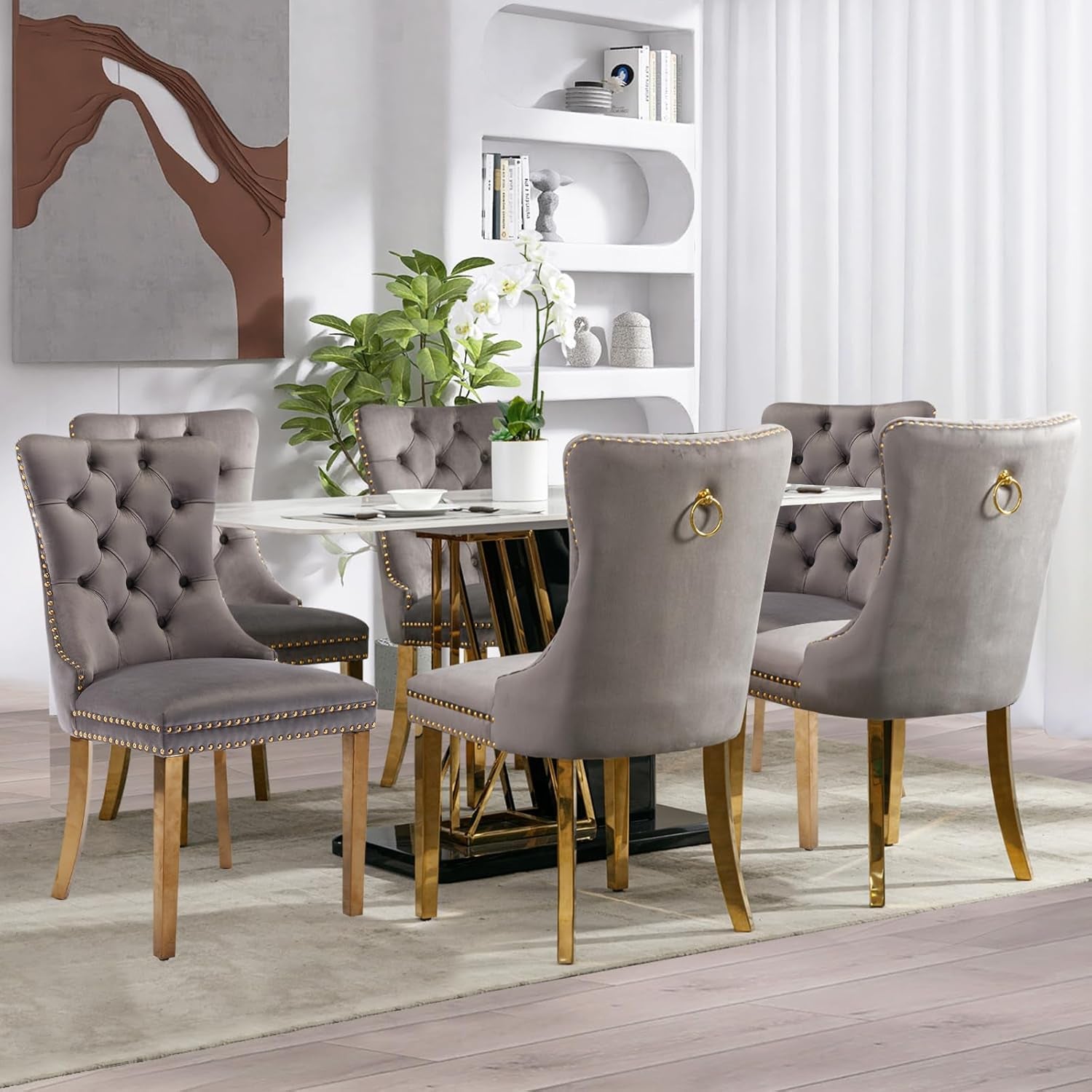 Velvet Dining Chair Set of 4, Upholstered Tufted Dining Room Chair with Nailhead Trim and Solid Gold Plated Leg for Kitchen (Grey)
