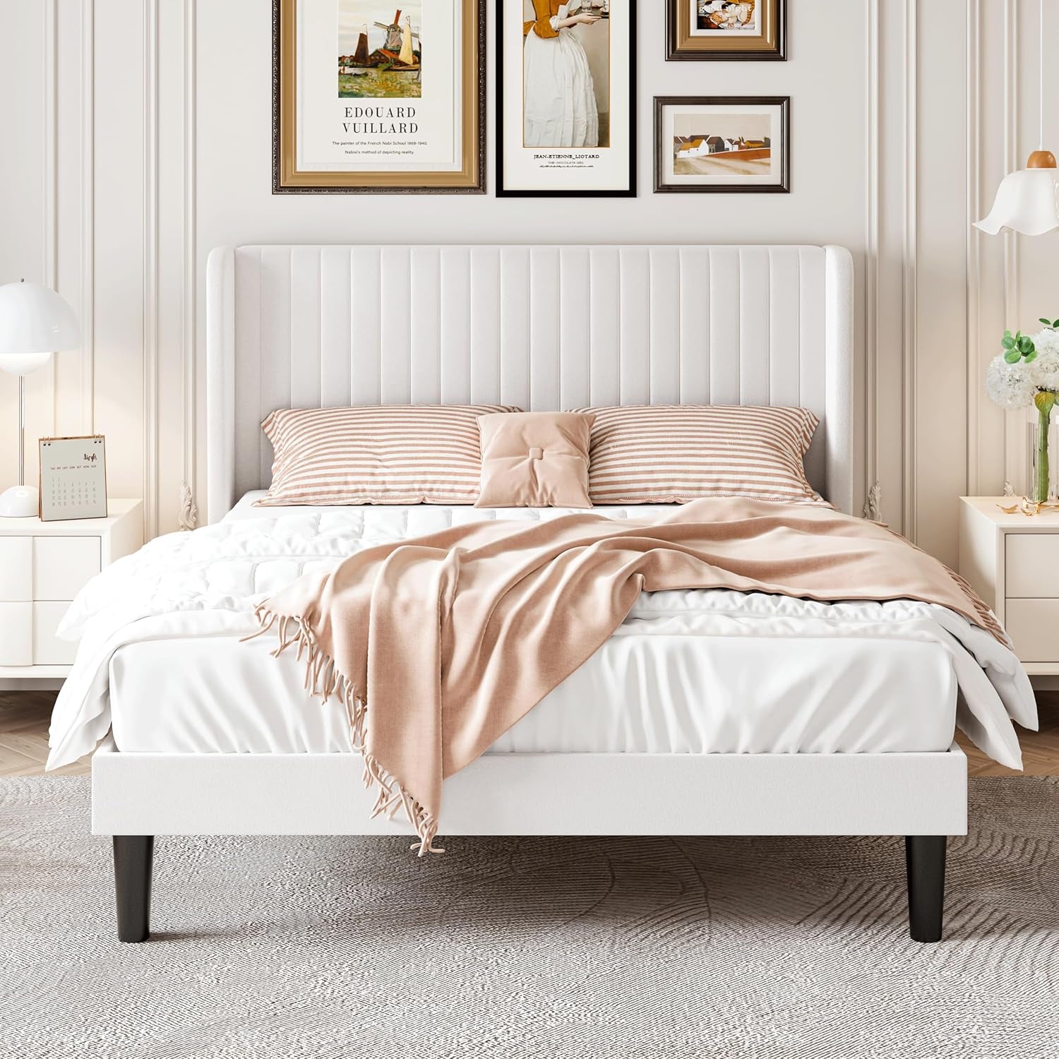 Full Size Velvet Bed Frame with Vertical Channel Tufted Wingback Headboard, Upholstered Platform Bed with Wood Slats, No Box Spring Needed, Easy Assembly, White