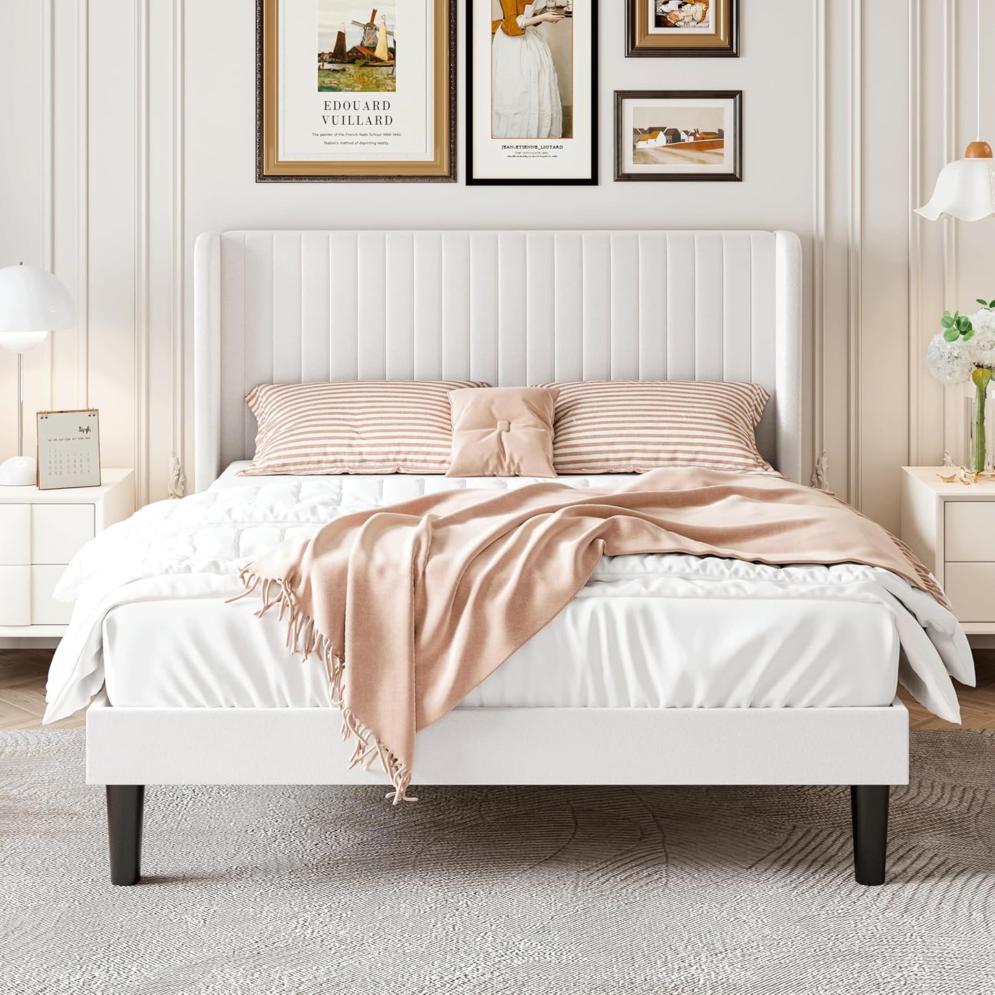 Full Size Velvet Bed Frame with Vertical Channel Tufted Wingback Headboard, Upholstered Platform Bed with Wood Slats, No Box Spring Needed, Easy Assembly, White