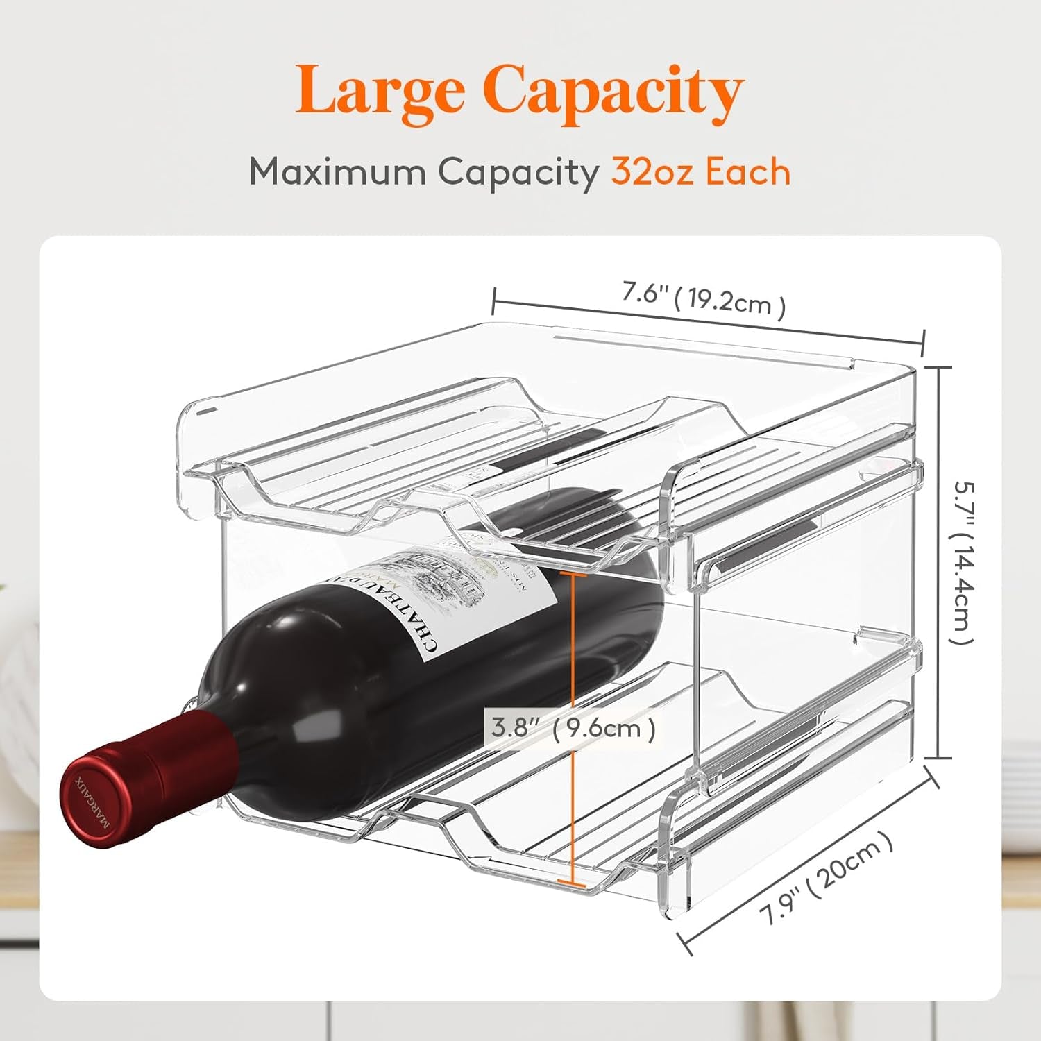 Plastic Stackable Wine Rack for Refrigerator, Cabinet, Countertop,Wine Bottle Holder, Water Bottle Organizer for Fridge, Pantry, Hold 4 Bottles