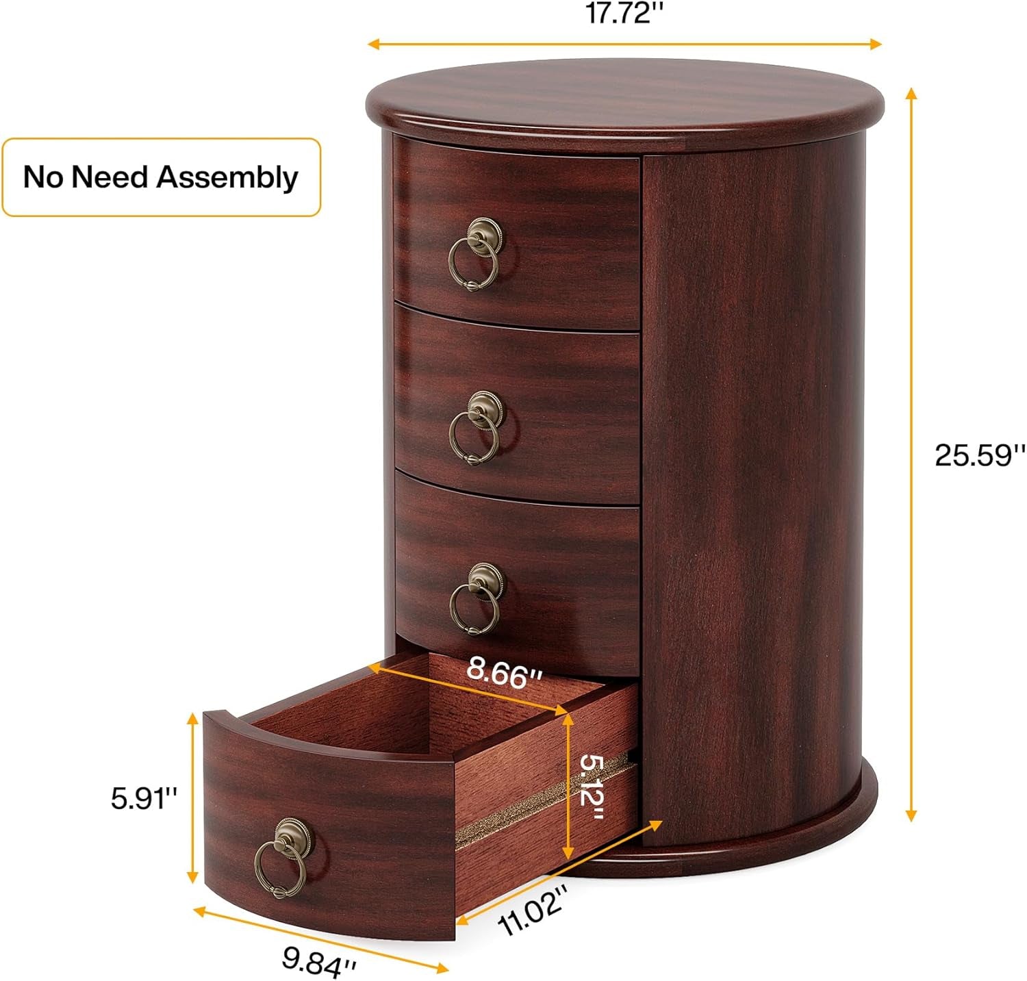 Solid Wood End Table Set of 2, round Side Table with 4 Drawers, Vintage Bedside Table Nightstand for Small Spaces, Living Room, Bedroom, No Assembly Required (2, Cherry Brown)