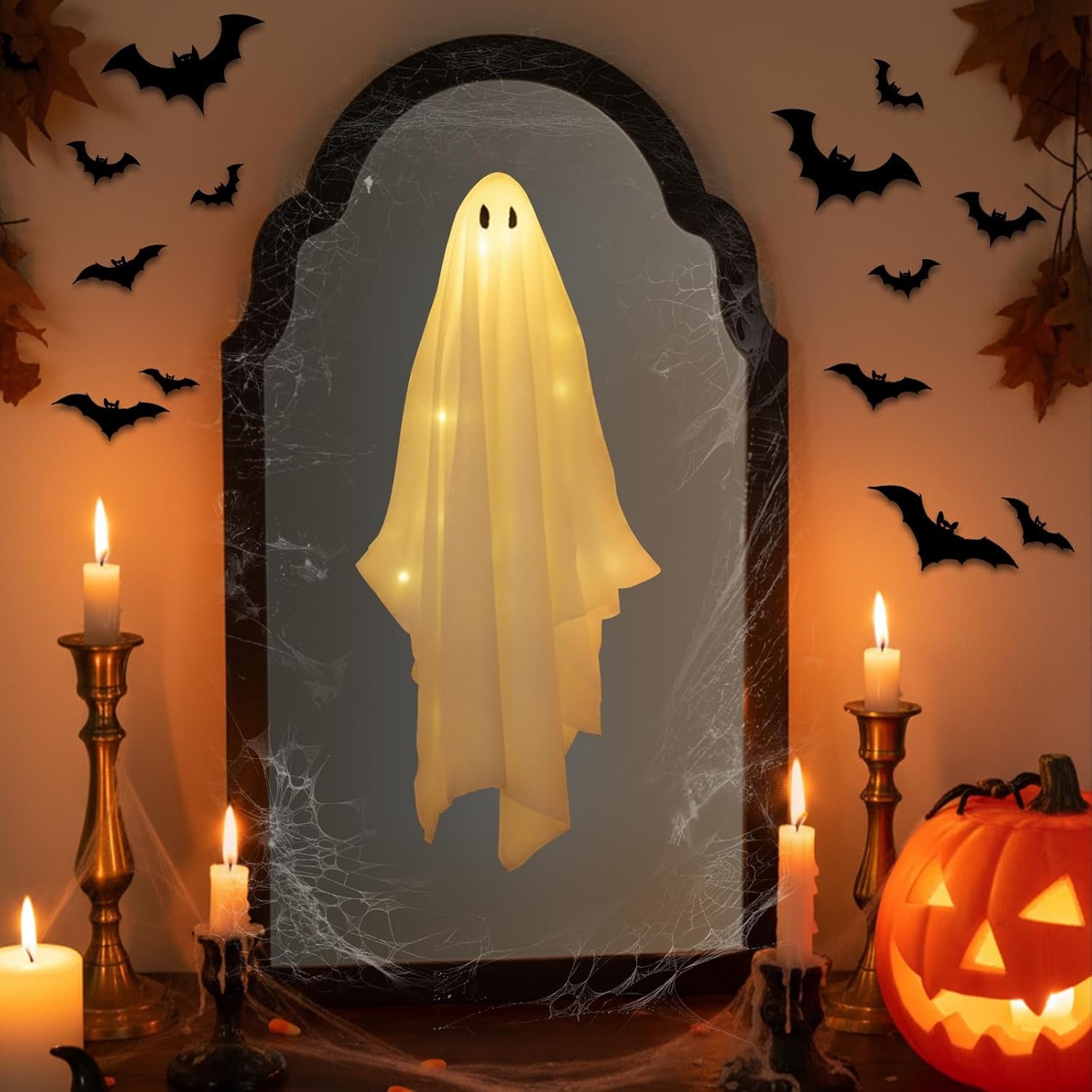 21.6" X 12.9" Halloween Ghost Mirror, Ghost Hologram Mirror with Remote, Spooky Halloween Ghost Decoration Indoor for Wall Mantle, DIY Haunted House Props-Wavy Border