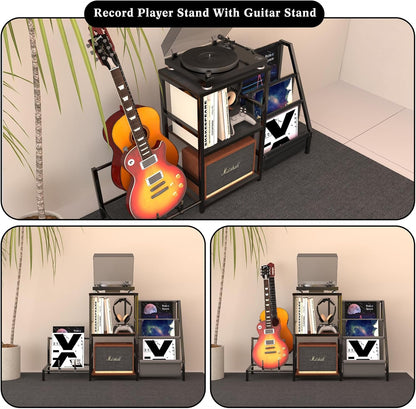 Guitar Stand & Record Player Table - 3-Tier Vinyl Record Storage for Acoustic, Electric Guitar, Bass, Speaker, Amp