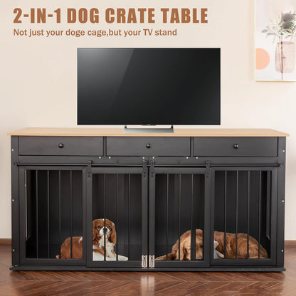 Dog Crate Furniture with Divider,Wooden Dog Kennel End Table,Large Breed Dog House Indoor for One Large Dog or Two Small Dogs,Double Doors,White,47''W*24''D*35''H