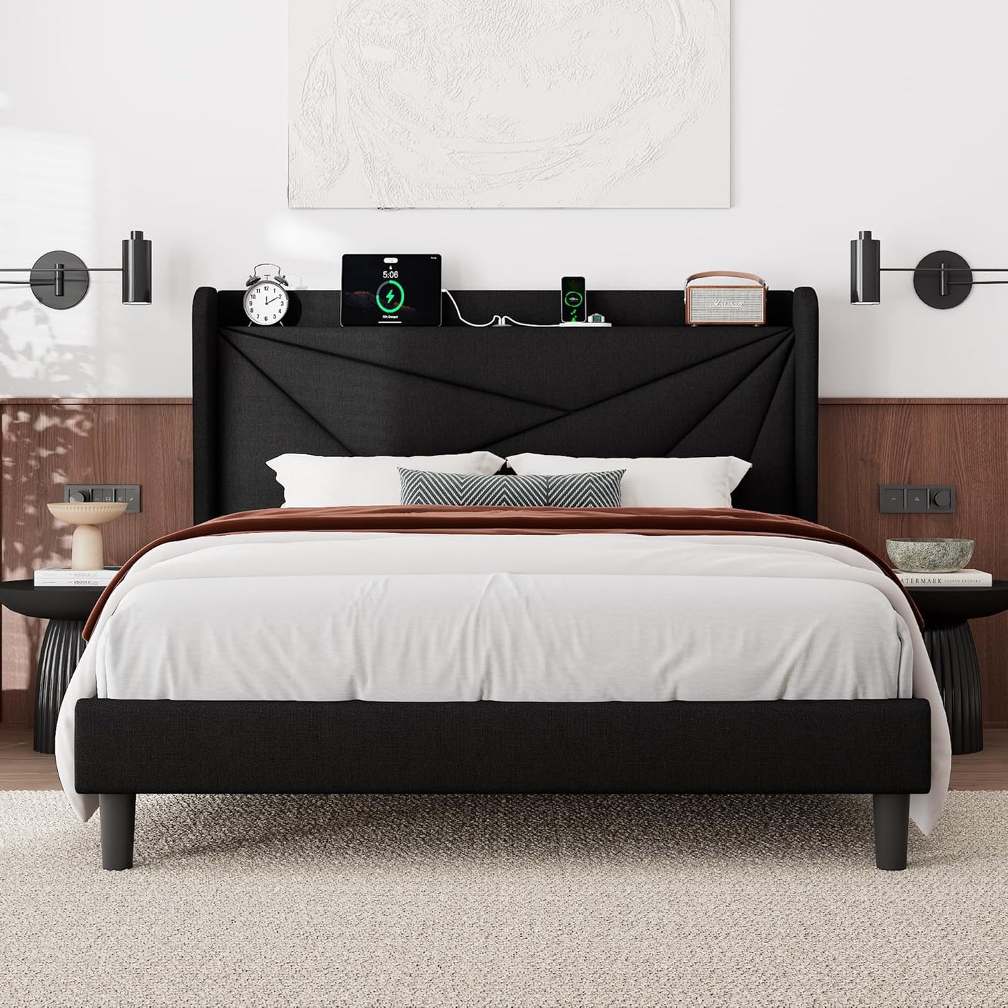 Queen Size Bed Frame with Charging Station, Linen Upholstered Platform Bed Frame with Wingback Storage Headboard, Solid Wood Slats Support, No Box Spring Needed, Noise Free, Black