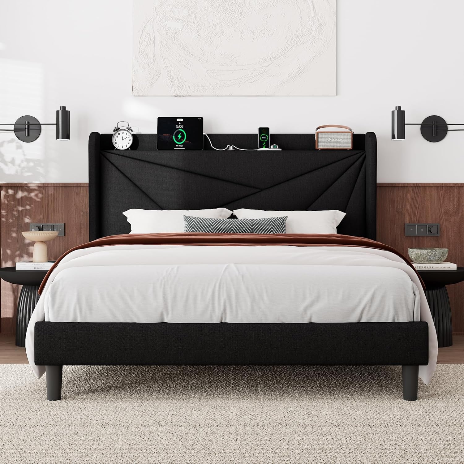 Queen Size Bed Frame with Charging Station, Linen Upholstered Platform Bed Frame with Wingback Storage Headboard, Solid Wood Slats Support, No Box Spring Needed, Noise Free, Black