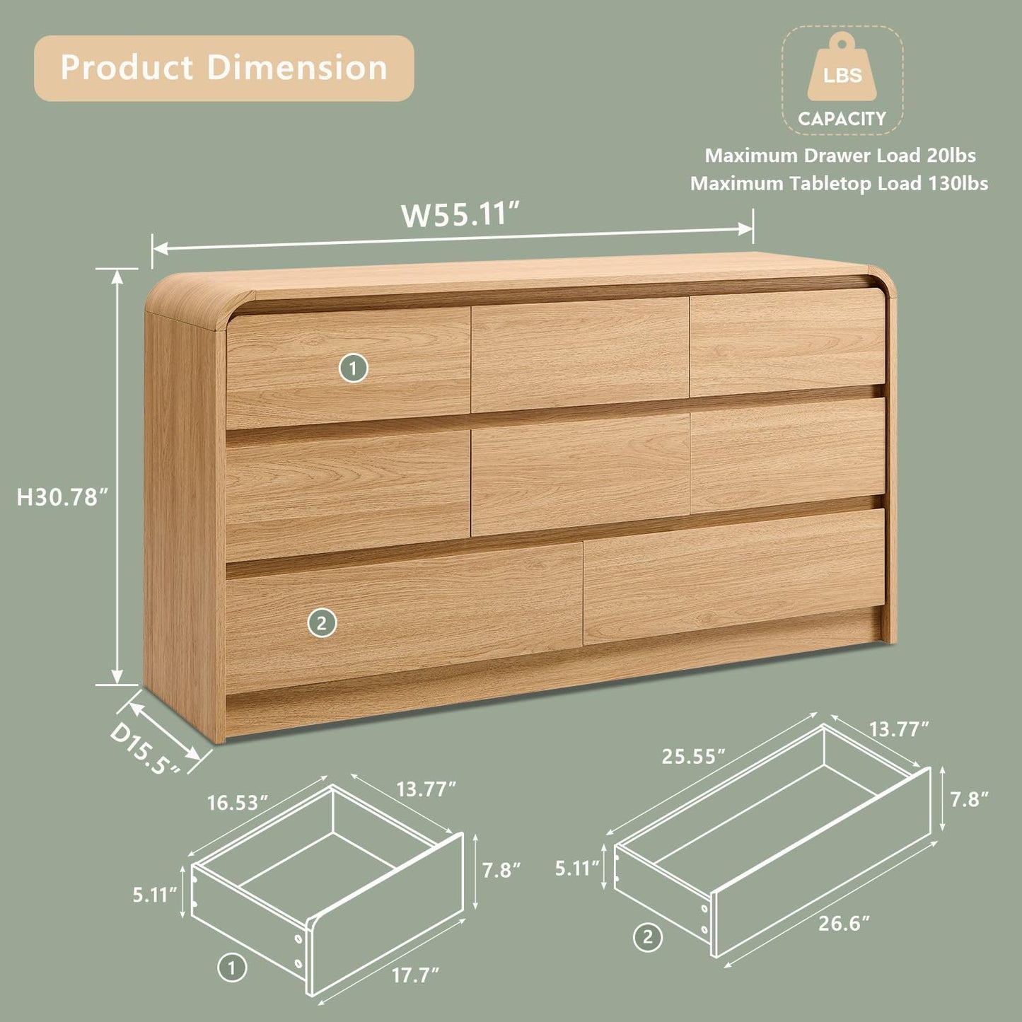 Modern 8 Drawers Dresser for Bedroom, 55" Wide Dressers & Chest of Drawers W/Curved Profile Design, Wood Mid Century Storage Dressers Organizer for Bedroom, Living Room, Natural Oak