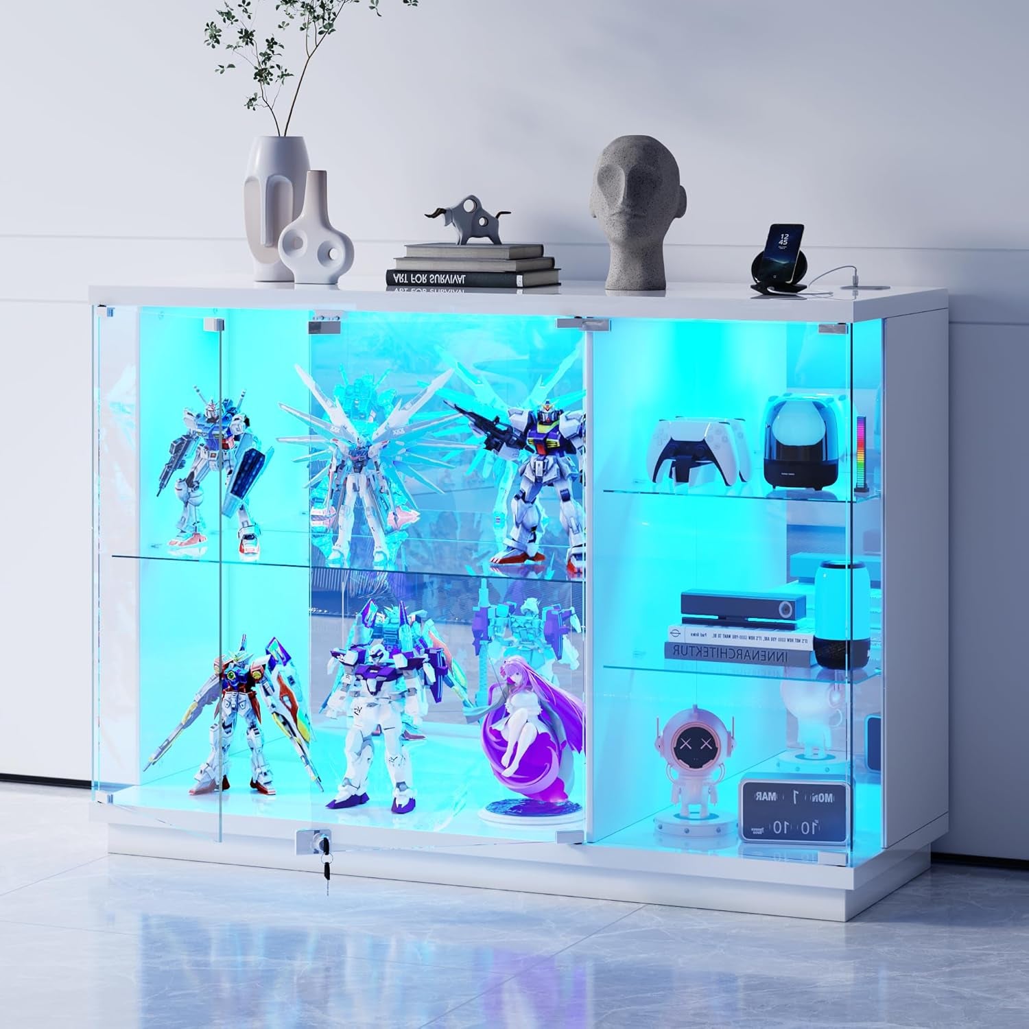 Glass Display Cabinet with Lock & LED Light, High Gloss Sideboard with Human Body Sensor & Glass Shelves for Toys, Books, Collectibles, Liquor, Bookcase for Living Room, Kitchen, Study, White