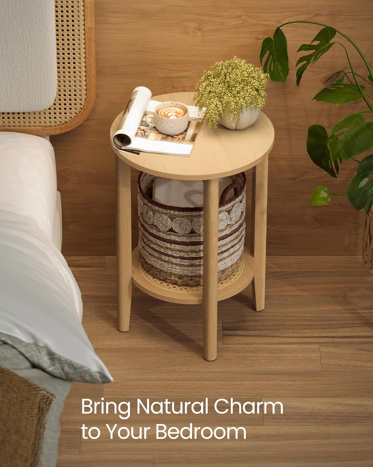 round Side End Table, 2-Tier Boho Bedside Table with Rattan-Look Storage Shelf, Nightstand for Small Spaces, for Living Room, Bedroom, Home Office, Oak Beige ULET296Y01