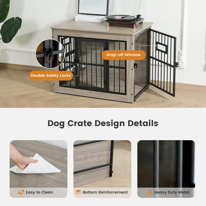 Dog Crate Furniture for Medium Dogs, 38.8 Inch Dog Kennel Indoor, Wooden Dog Cage End Table with 2 Removable Bowls, Heavy Duty Dog Crate, Rustic Brown
