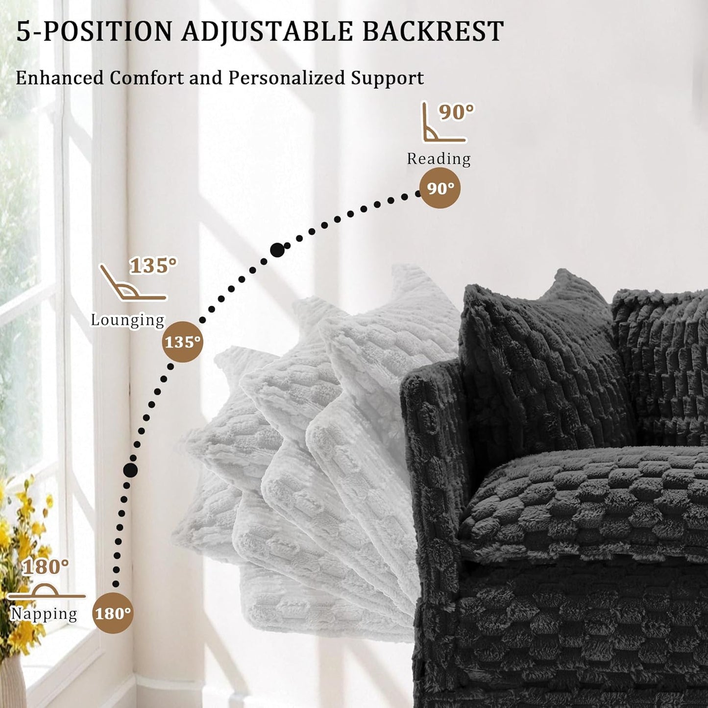 Faux Fur Chaise Lounge Indoor with Adjustable Backrest, 59 Inches Single Sleeper Sofa Chair with 3 Lumbar Pillows, Upholstered Oversized Lounge Chair for Living Room, Bedroom, Office