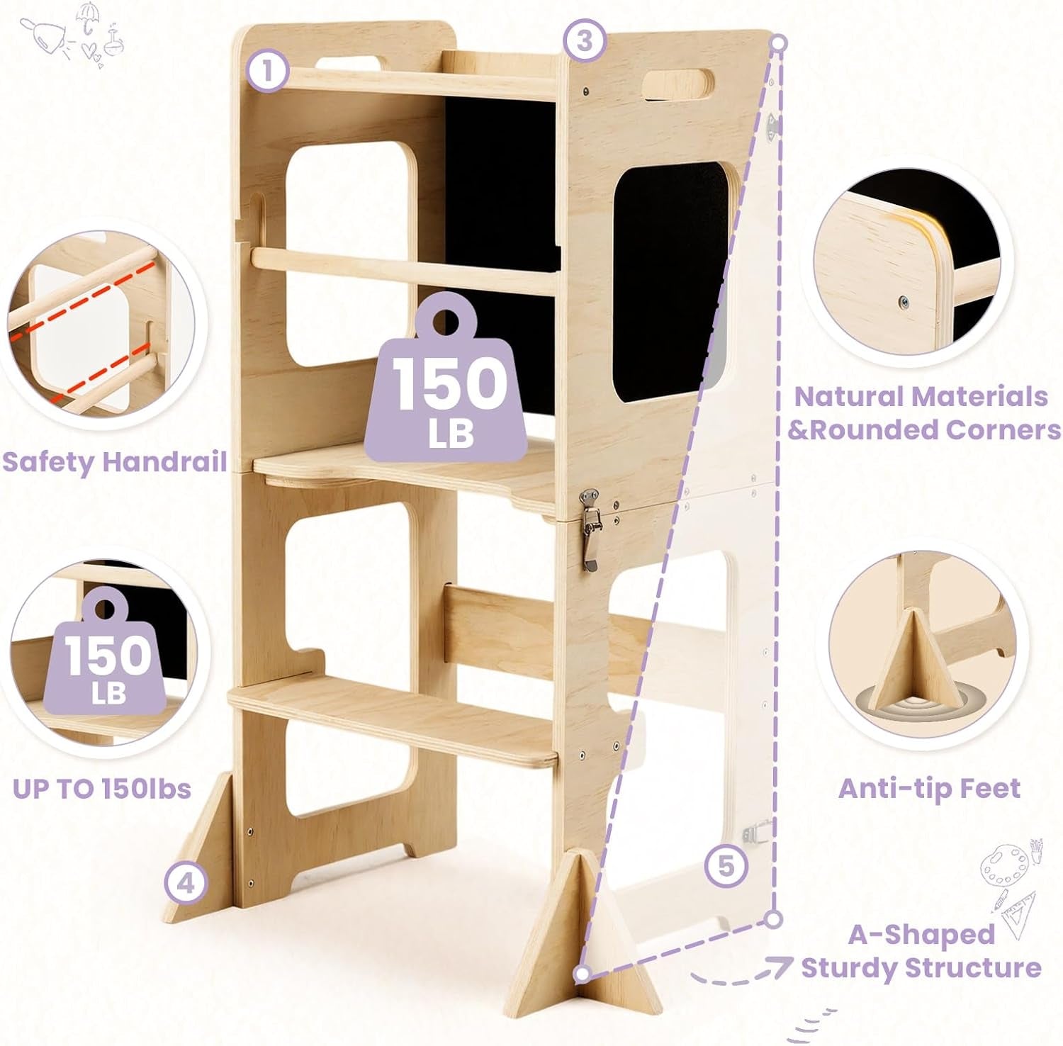 Toddler Standing Tower for 12M+, Montessori Foldable Learning Standing Tower with Blackboard, Anti-Tip Structure Design,Wooden Kitchen Step Helper Stool for 1-3 Year Old Boy Girl Gift