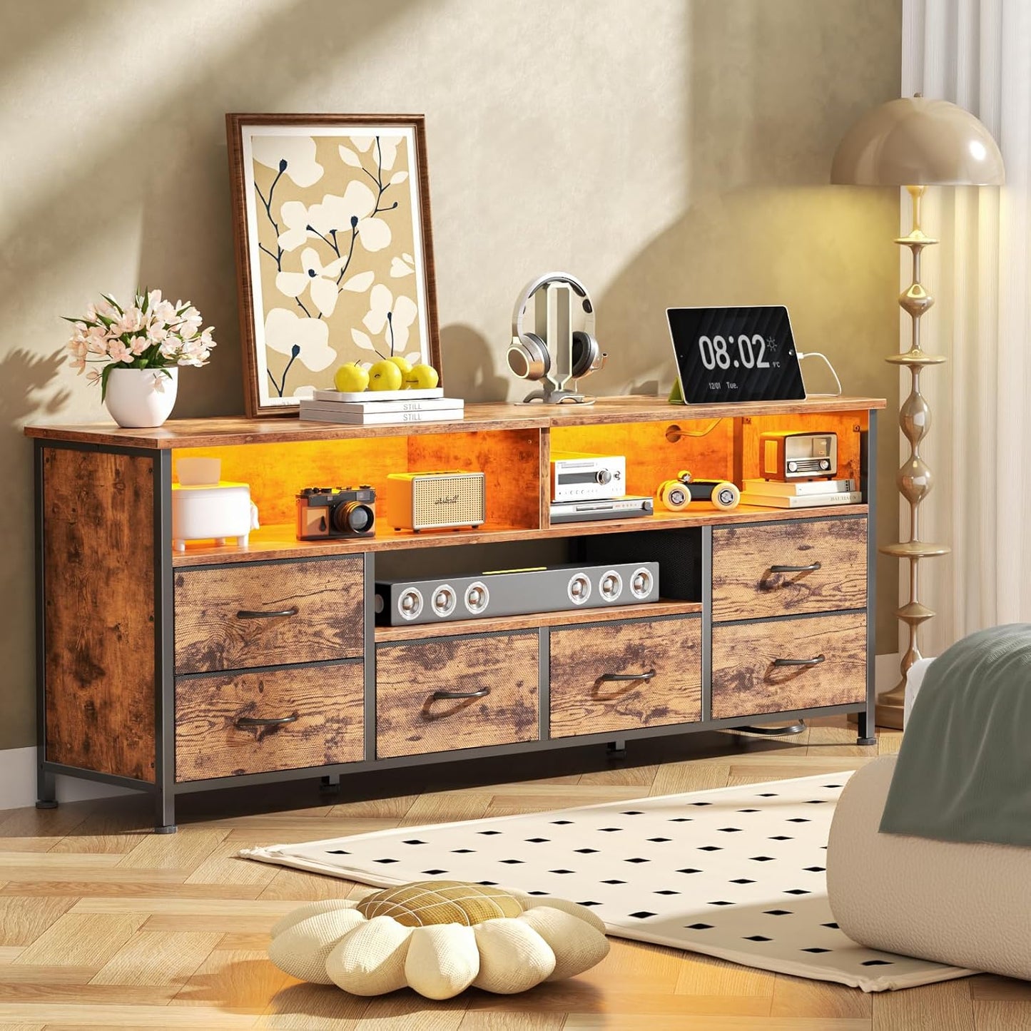 55" LED TV Stand for Bedroom with Power Outlets, Entertainment Center with 6 Fabric Drawers for 50/55/60 Inch Tvs, Dresser TV Stand Long Console Media Table for Living Room, Rustic Brown