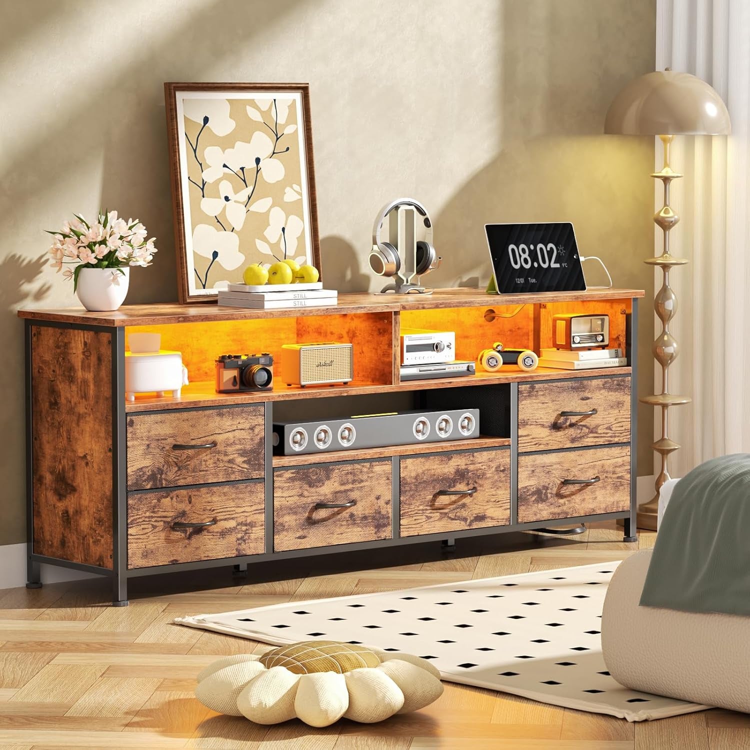 TV Stand for Bedroom, 63 Inch Entertainment Center for 65 70 Inch Tvs, 6 Drawers Dresser with Power Outlets and LED Lights, Media Console for Living Room, Rustic Brown