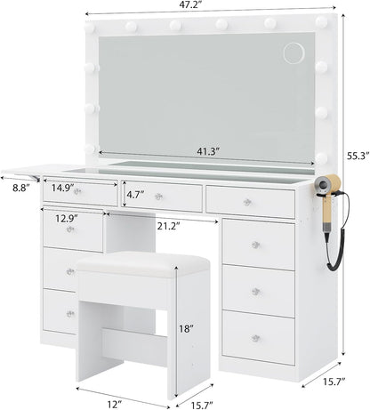 Makeup vanity desk with mirror, twelve LED lights, nine drawers and power outlet, view 8
