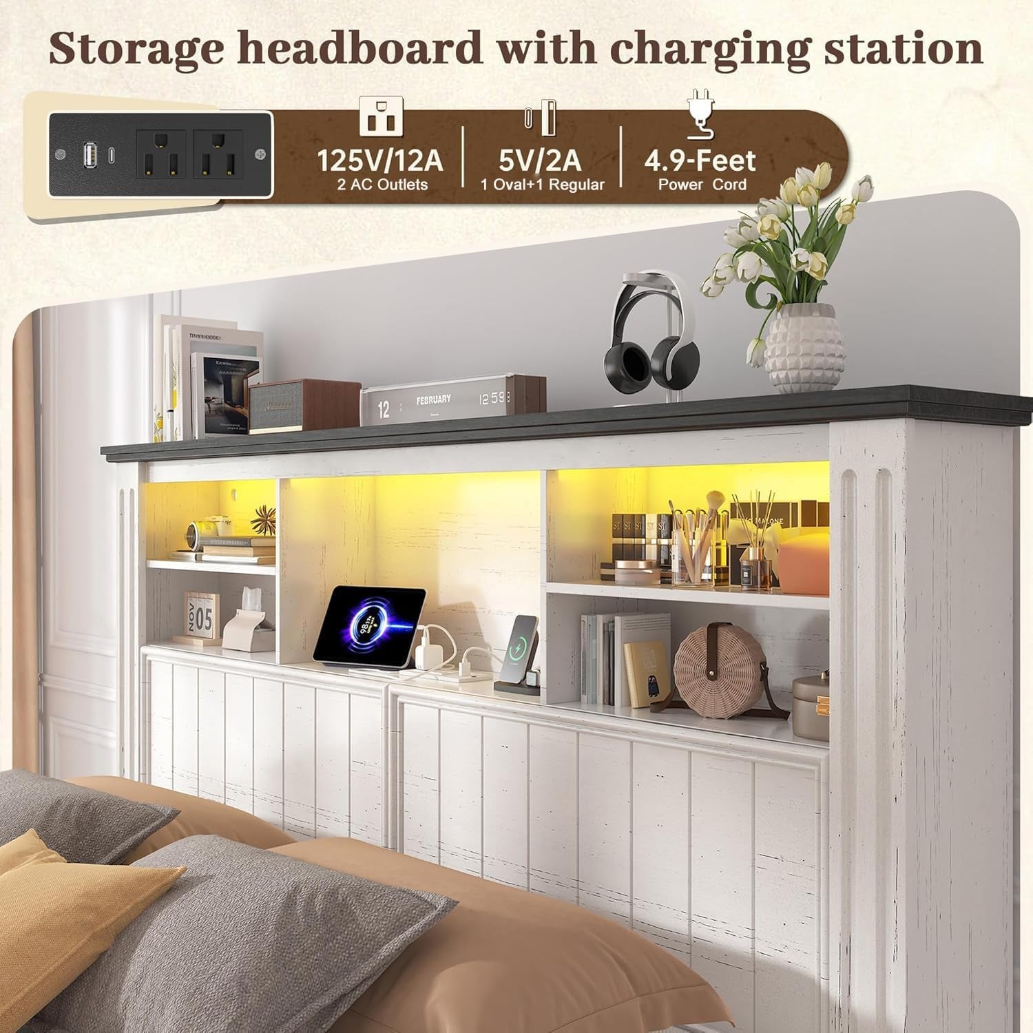 Queen Bed Frame with Headboard, Bed Frame Queen Size with 4 Drawers Charging Port & LED, Farmhouse Queen Bed Built in Charging Station,No Box Spring Needed,No Noise,White with Grain Marks