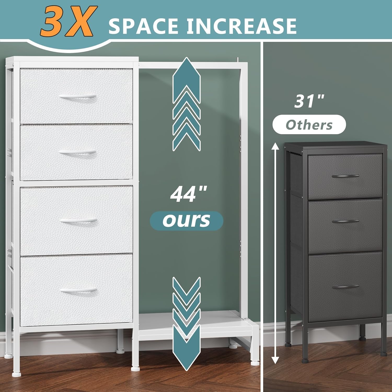Dresser with Hanging Rack, 4 Drawers Small Closet for Bedroom, Reversible Fabric Kids Chest of Drawers with Clothes Rack, Tall Storage Tower, Sturdy Frame, White, 44''H