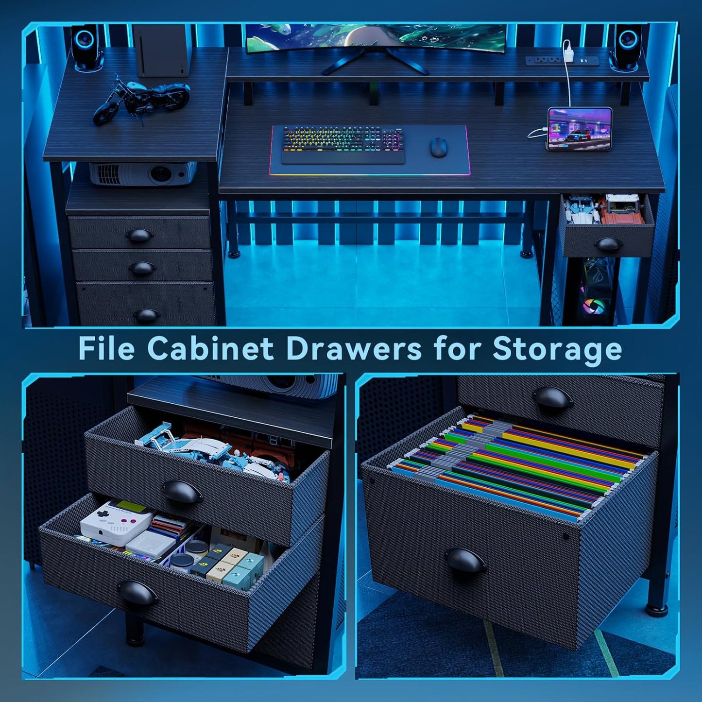 60" Black Computer Desk with 4 Drawers and Printer Space, Gaming Desk with LED Lights and USB Power Outlets, Home Office Desk with Fabric File Cabinet,Study Work Table with Shelf for Bedroom